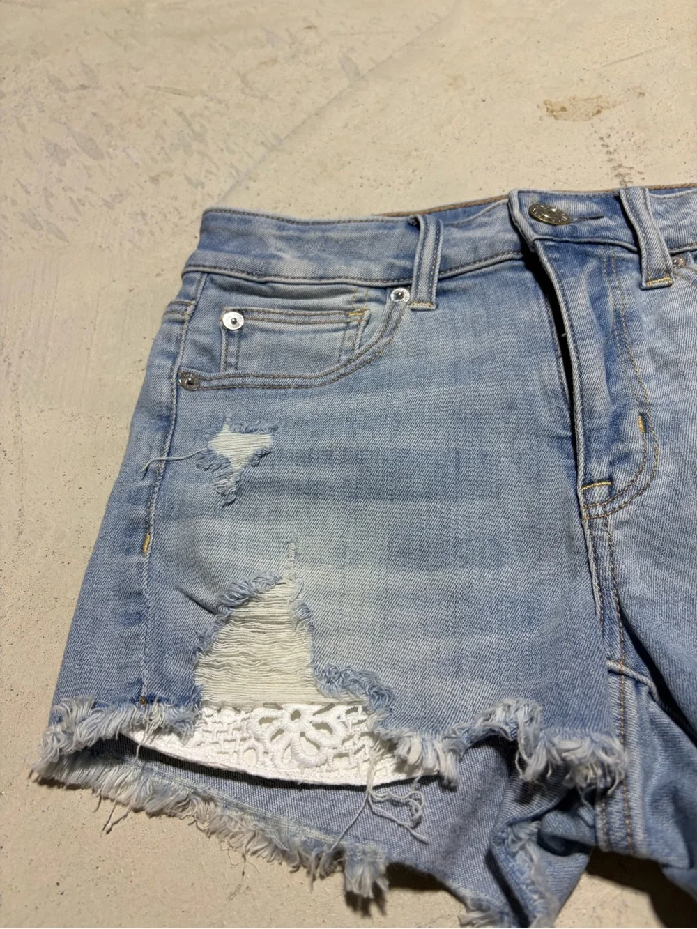 American Eagle hi-rise shortie Light Blue Distressed Denim Women's Shorts 2 - Picture 2 of 10